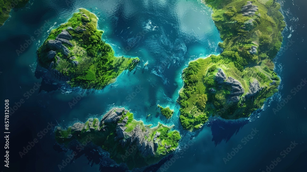 A beautiful blue ocean with islands in the distance. The islands are green and surrounded by water A beautiful blue ocean with islands in the distance. The islands are green and surrounded by water