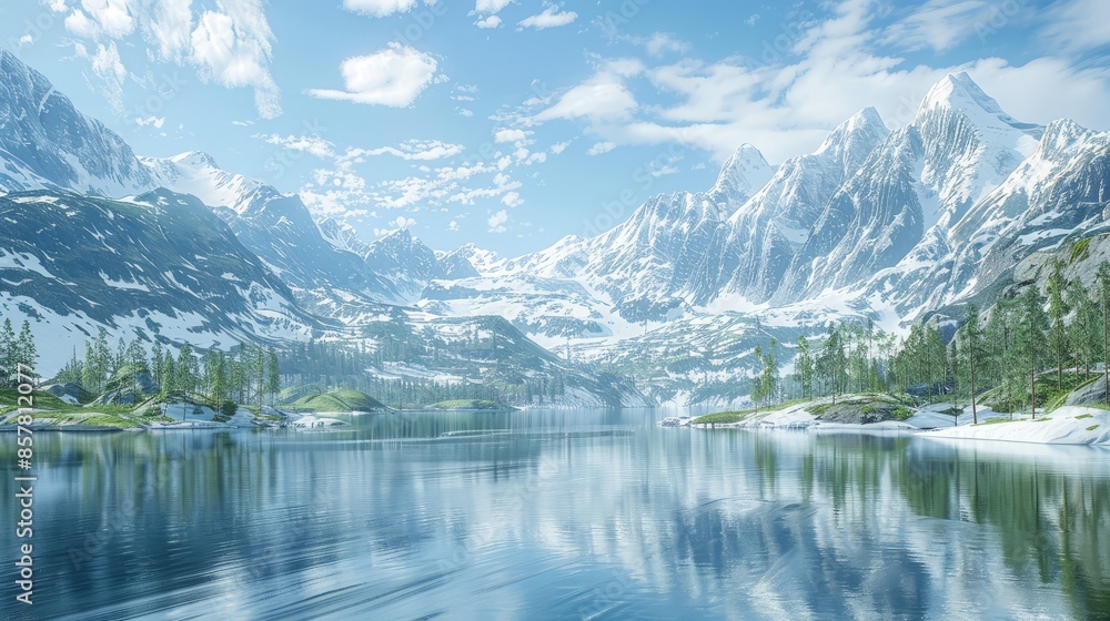 Fototapeta premium A beautiful mountain landscape with a large body of water in the foreground. The sky is clear and blue, and the mountains are covered in snow. The scene is peaceful and serene
