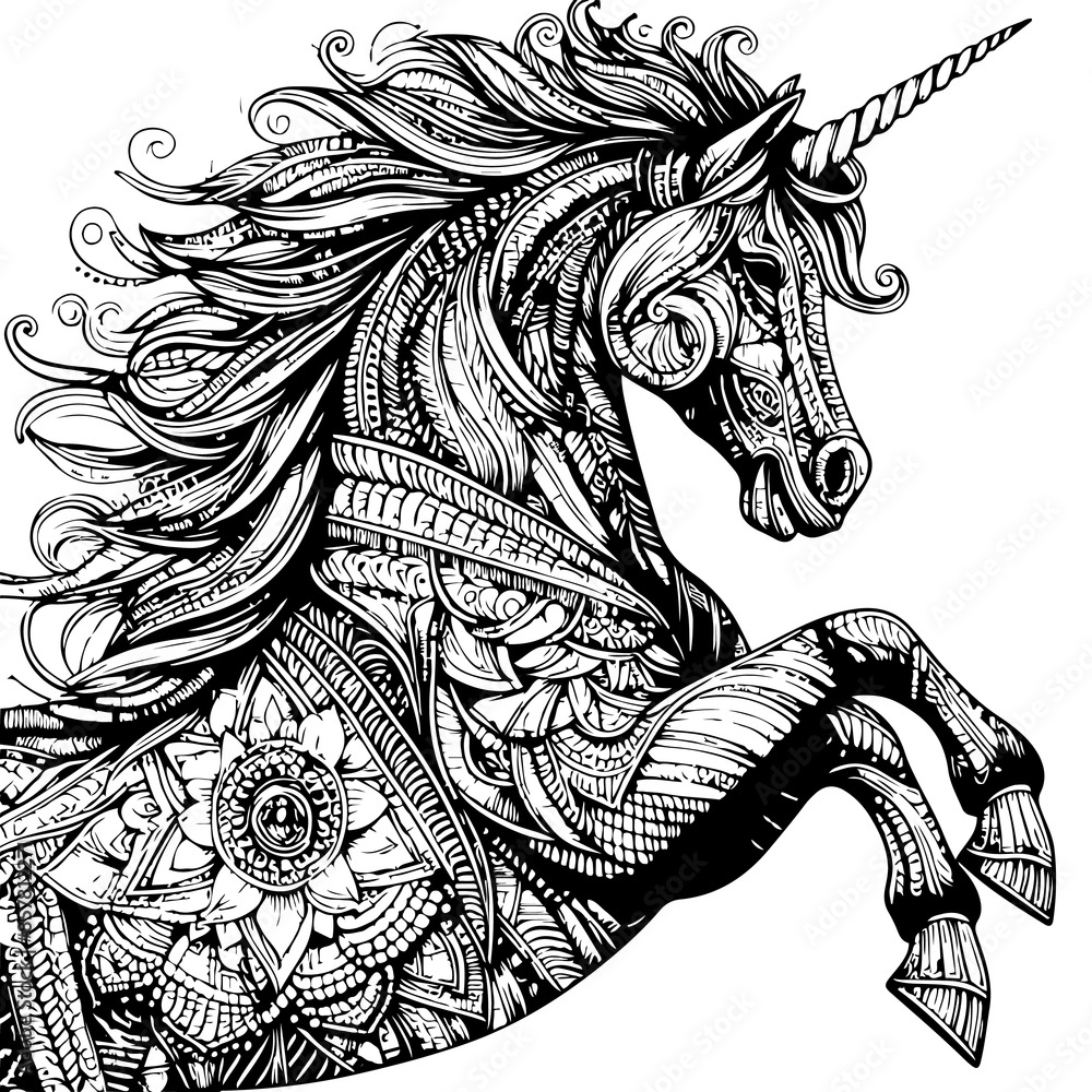 Realistic Rearing Unicorn Horse Adult Coloring Page Patterned Unicorn ...