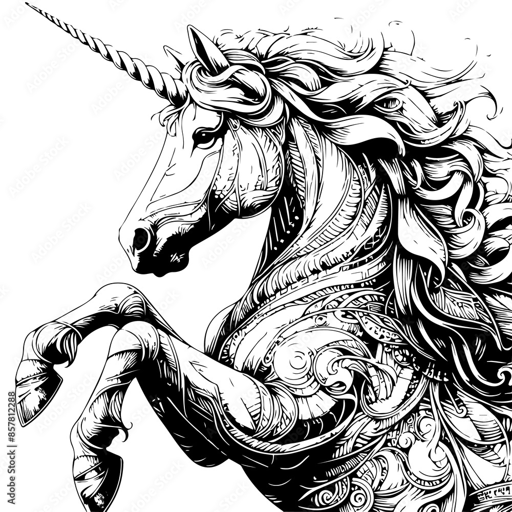 Realistic Rearing Unicorn Horse Adult Coloring Page Patterned Unicorn ...
