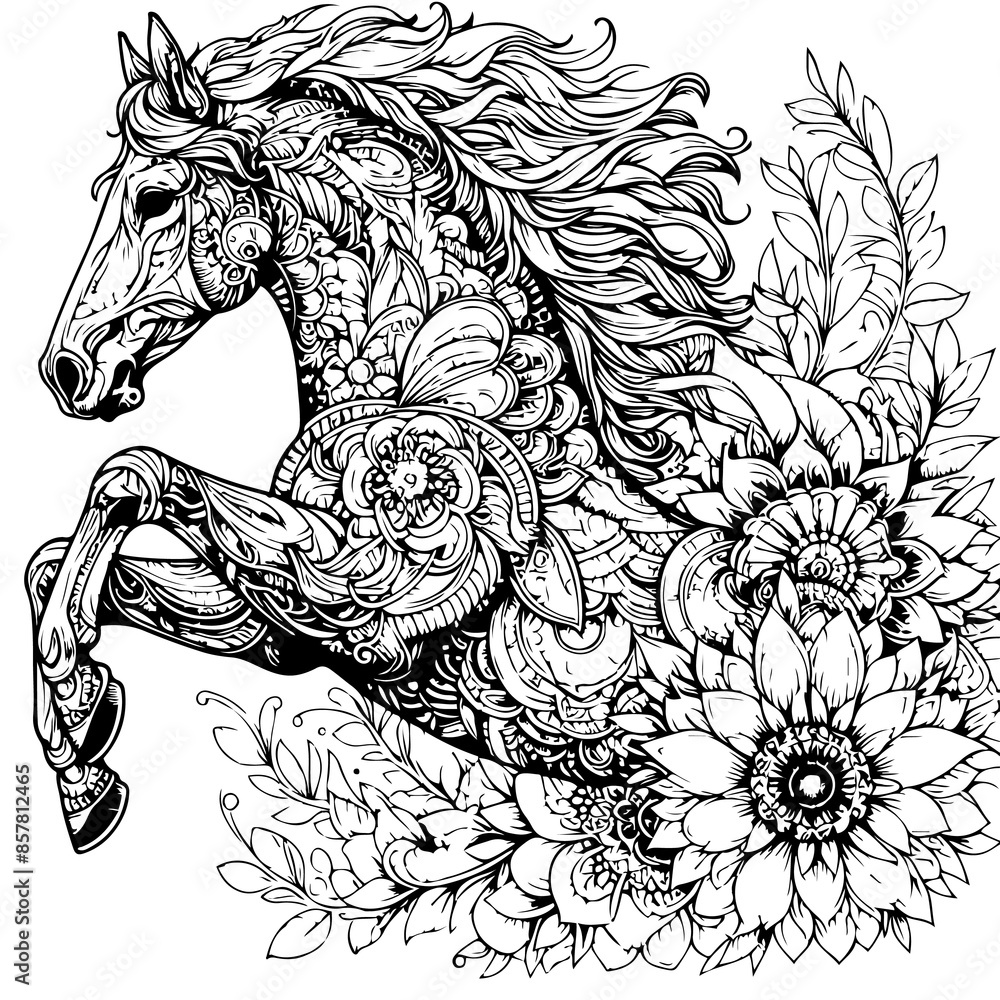 Floral Horse Adult Coloring Page Patterned Rearing Horse Coloring Page ...
