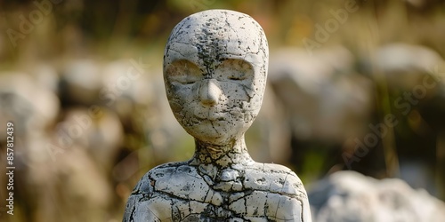 Handmade ceramic figure with textured surface resembling rough stone due to grogs. Concept Ceramic Sculpture, Handmade Art, Textured Surface, Rough Stone Appearance, Grog Clay photo