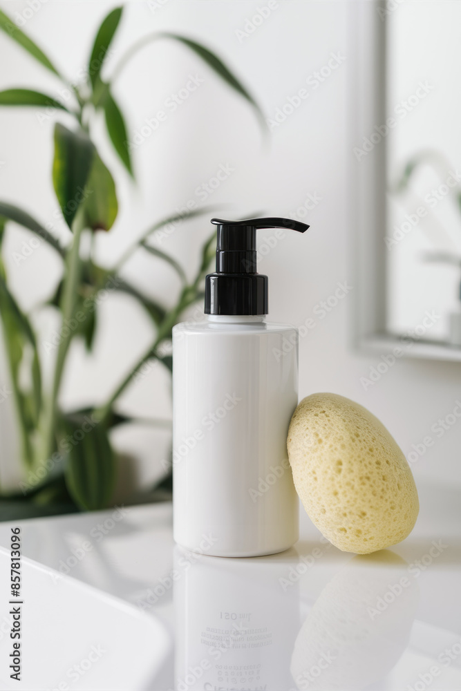 White Soap Dispenser Bottle Mockup with Sponge and Plant for Skincare Product Branding and Design - Generative ai White Soap Dispenser Bottle Mockup with Sponge and Plant for Skincare Product Branding and Design - Generative ai