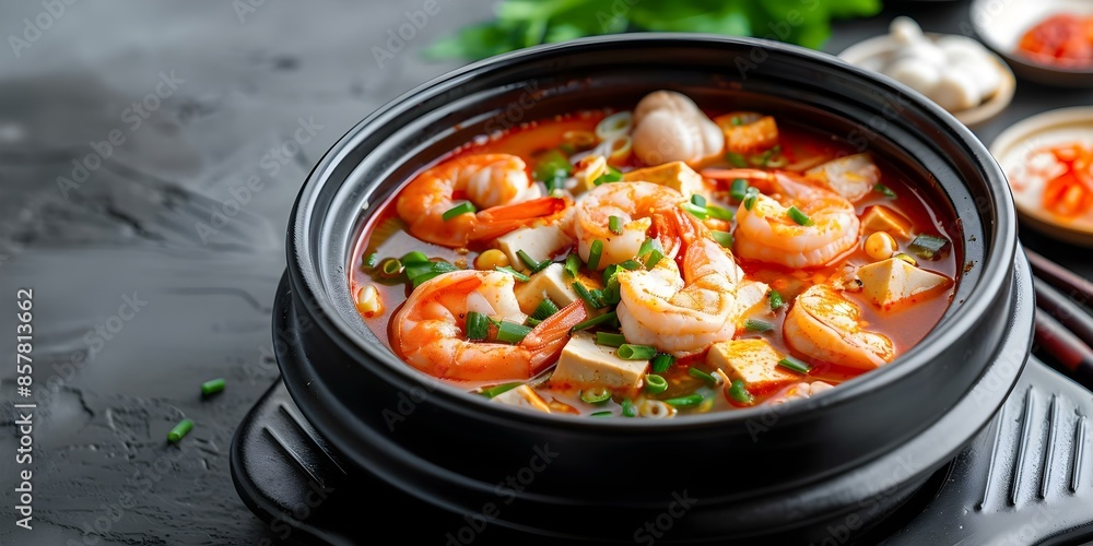 Sundubu jjigae is a Korean tofu soup with seafood or meat. Concept Korean Cuisine, Sundubu Jjigae, Tofu Soup, Seafood Dish, Meat Dish Sundubu jjigae is a Korean tofu soup with seafood or meat. Concept Korean Cuisine, Sundubu Jjigae, Tofu Soup, Seafood Dish, Meat Dish