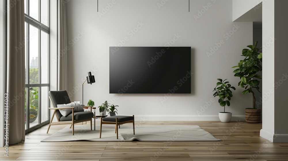 A modern living room with a sleek, minimalist design, featuring a wall-mounted, ultra-thin OLED TV A modern living room with a sleek, minimalist design, featuring a wall-mounted, ultra-thin OLED TV