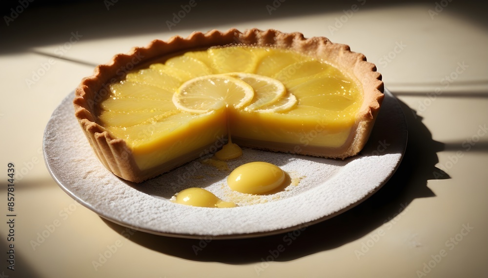 Cake, lemon tart close-up, set on a white countertop Cake, lemon tart close-up, set on a white countertop