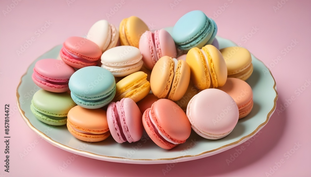 Fototapeta premium Colorful fruity pastel macaroons arranged on a white plate