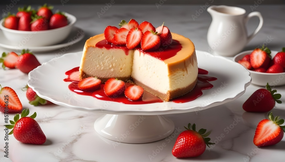 Cheesecake with strawberries and strawberry icing on a white plate and light background Cheesecake with strawberries and strawberry icing on a white plate and light background