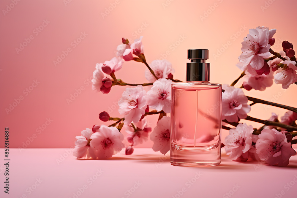 bottle of pink cologne on a pink background next to pink flowers bottle of pink cologne on a pink background next to pink flowers