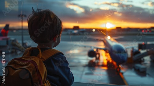 A young boy stands quietly by the terminal window his eyes fixed on the airplanes taking off and landing against the vibrant sunset sky  His backpack slung over his shoulders photo