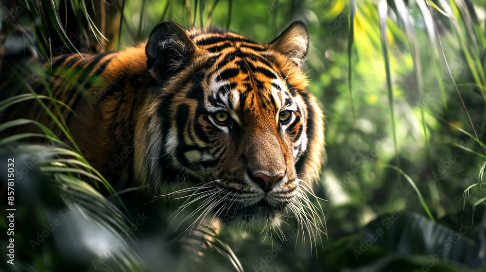 Tiger prowling through dense jungle vegetation. Generative AI Tiger prowling through dense jungle vegetation. Generative AI