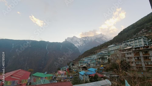 POV Guesthouse window view Namche Bazaar town in Khumbu Pasanglhamu Rural Municipality in Solukhumbu District. Khumbu valley stays. Typical traditional houses and Nepalese culture photo