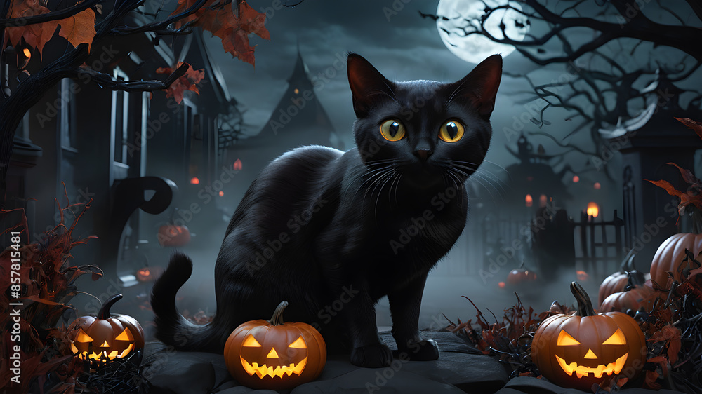 Halloween. Black cat with pumpkins Halloween. Black cat with pumpkins