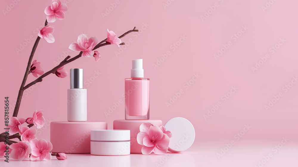Elegant display of pink-themed beauty products with cherry blossoms. Copy space. Generative AI Elegant display of pink-themed beauty products with cherry blossoms. Copy space. Generative AI