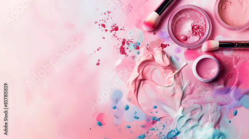 Makeup and cosmetic products in pink and pastel colors. Copy space. Generative AI 