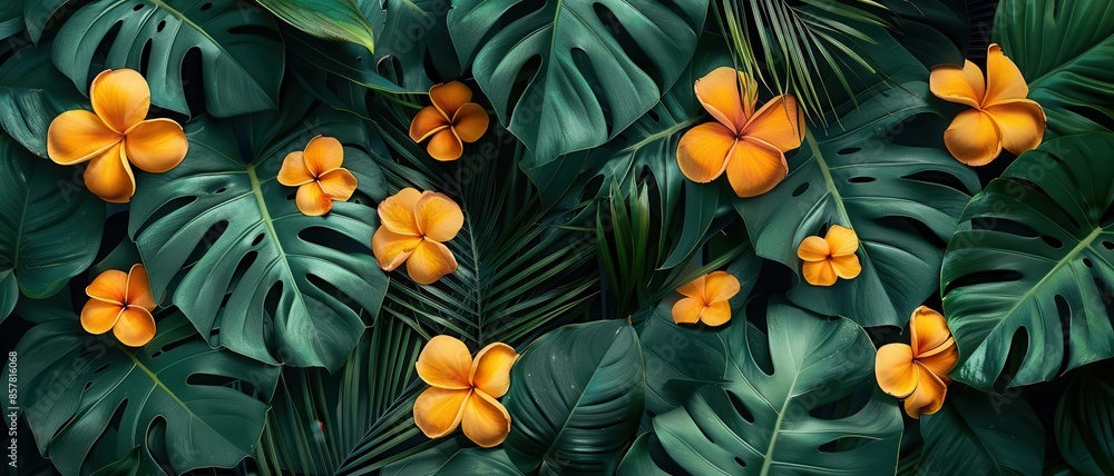 Vibrant tropical leaves and exotic flowers in bold greens and yellows Vibrant tropical leaves and exotic flowers in bold greens and yellows