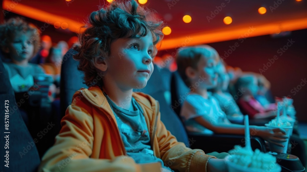 Obraz premium Happy group of children celebrating a birthday party in a cinema theater indulging in snacks and engrossed in watching a movie together creating a joyous and memorable occasion