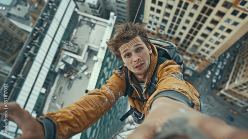 Young urban exploration influencer take selfie picture at top of high rise building. Dangerous action concept.