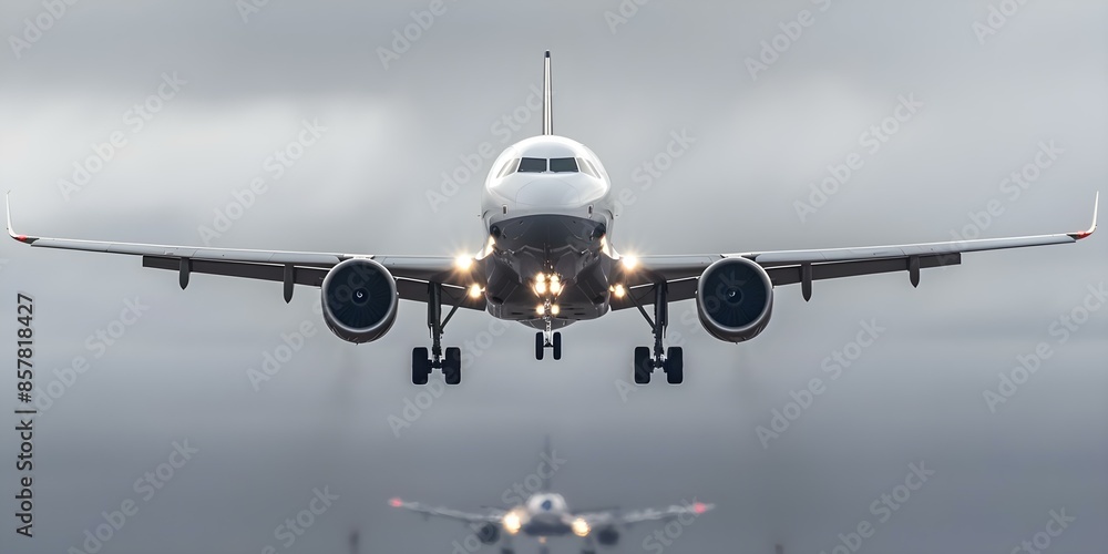 Naklejka premium Images of airplanes in flight or at airports demonstrating the impact of aircraft noise pollution. Concept Aircraft Noise Pollution, Aviation Industry, Environmental Impact, Airport Operations