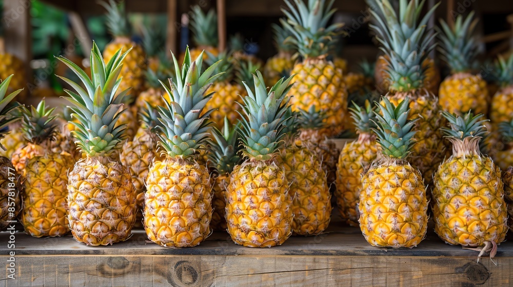 Freshly Harvested Pineapples Displayed on Wooden Shelf Freshly Harvested Pineapples Displayed on Wooden Shelf