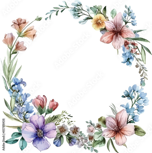 Watercolor natural spring wreath on white background