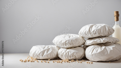 Wallpaper Mural There are several white, cloth-wrapped objects on a table. In the background is a white wall. On the table to the left of the objects is a pile of small, light brown objects resembling seeds or nuts. Torontodigital.ca