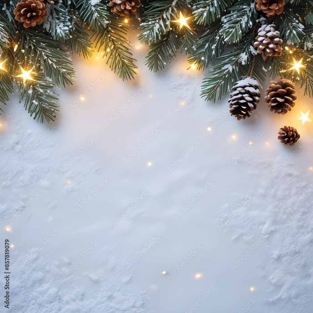 Snowy Christmas background with pine branches, pine cones, stars, twinkling lights and copy space Snowy Christmas background with pine branches, pine cones, stars, twinkling lights and copy space