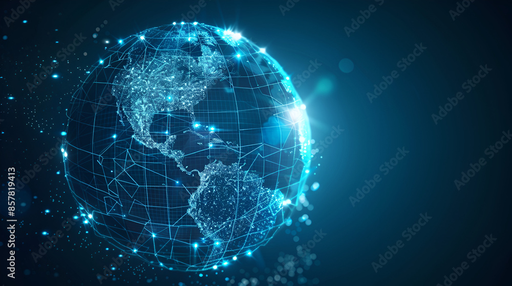 Digital world globe centered on North America, concept of North America global network and connectivity, data transfer and cyber technology, information exchange and telecommunication Digital world globe centered on North America, concept of North America global network and connectivity, data transfer and cyber technology, information exchange and telecommunication