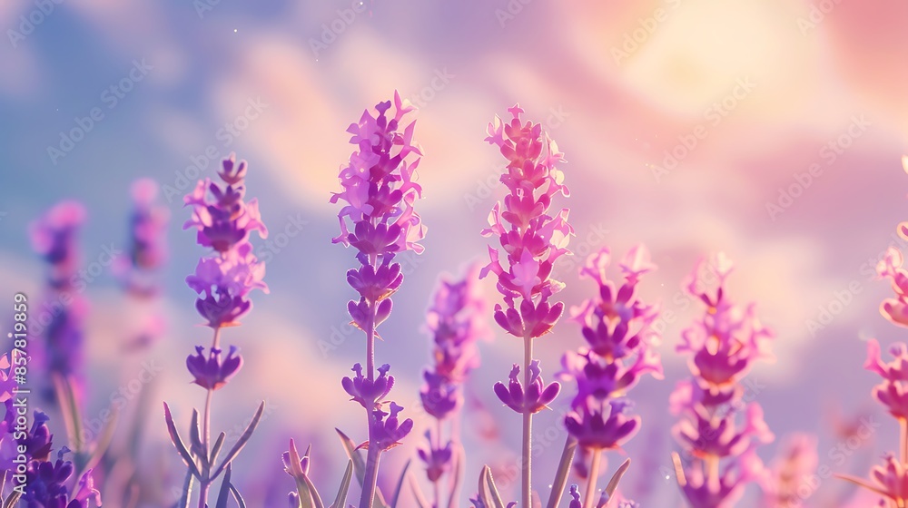 Fototapeta premium Lavender purple flowers close up on sky background summer field