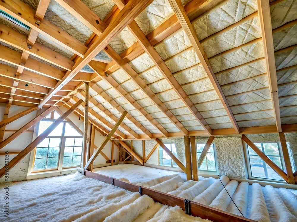 Attic insulation being installed in a new home. cellulose insulation is blown in to cover the attic floor. Attic insulation being installed in a new home. cellulose insulation is blown in to cover the attic floor.