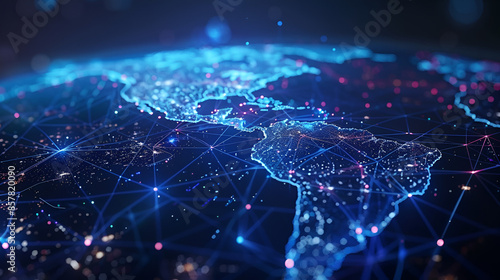 Abstract digital world map, concept of global network and connectivity on Earth, data transfer and cyber technology, information exchange and international telecommunication