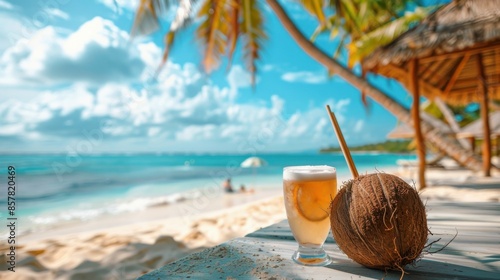 Wallpaper Mural cocktail with a straw on the bar counter. beach with white sand and palm trees Torontodigital.ca