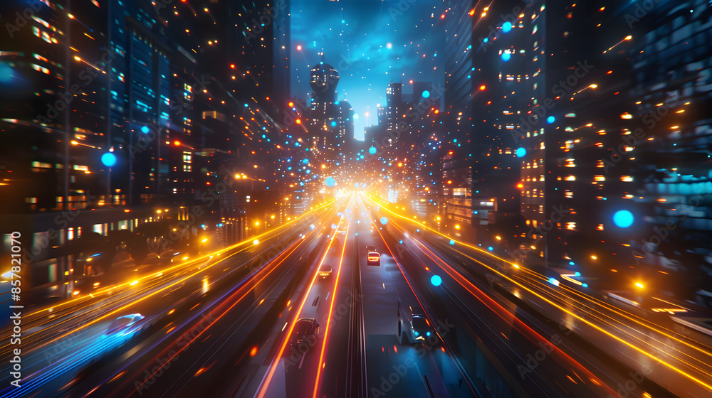 Abstract background of high speed global data transfer and super fast broadband in futuristic tech city at night Abstract background of high speed global data transfer and super fast broadband in futuristic tech city at night