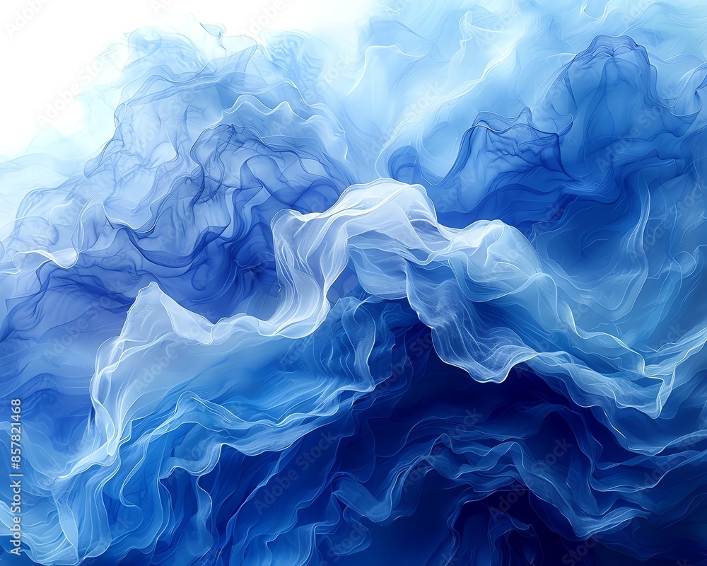 Fototapeta premium Abstract blue swirling pattern resembling smoke or fabric waves, creating a dreamy and serene visual effect.