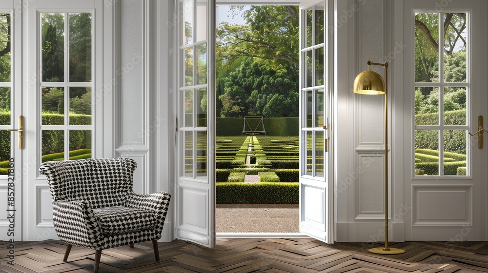 Fototapeta premium A stylish living room with a houndstooth armchair, a brass floor lamp, and a set of French doors leading to a manicured garden maze