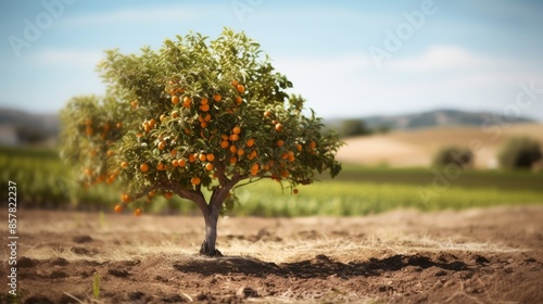 tree with oranges on the branches and defocused farm background