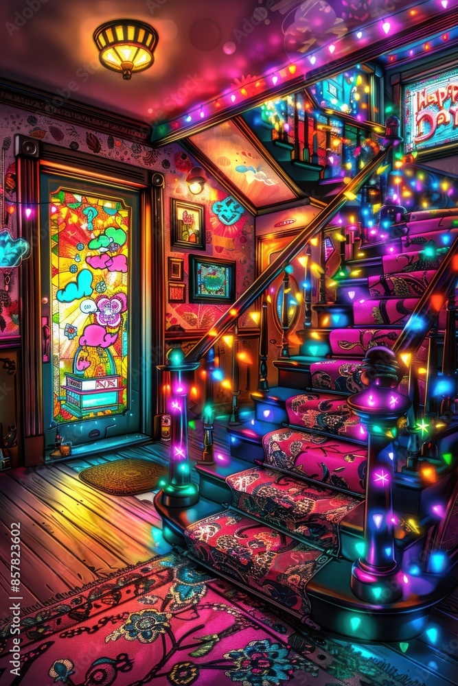A photo of a brightly lit room with a staircase leading up to a door. The room is decorated with colorful lights and ornaments. A photo of a brightly lit room with a staircase leading up to a door. The room is decorated with colorful lights and ornaments.