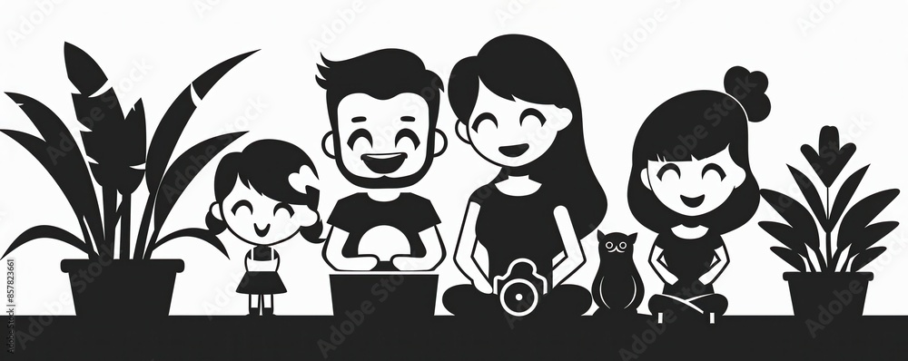 Happy family taking care of their plants. Happy family taking care of their plants.