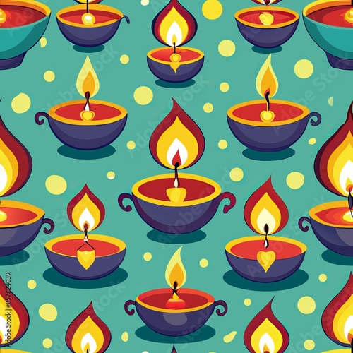 Seamless pattern of decorative oil lamps with flickering flames, illuminating the darkness and spreading, Generative AI