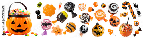 Set of Jack O Lantern Halloween bucket and individual sweet candy chocolate gummy lollipop candy cane on transparent cutout. PNG file. Many different design. Mockup template for artwork design