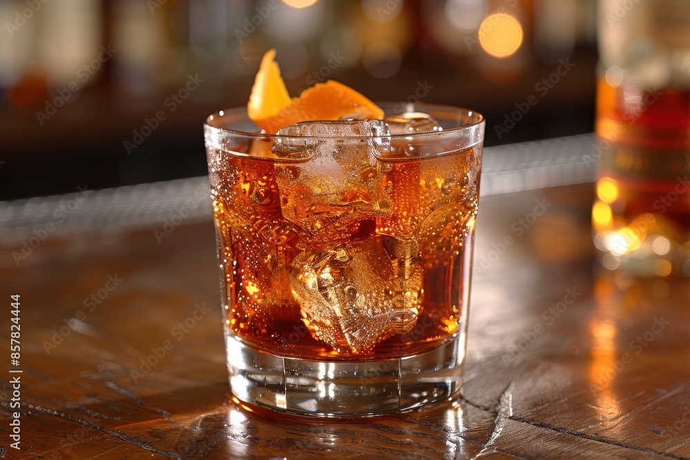 A classic negroni cocktail in a rocks glass with a large ice cube and an orange twist A classic negroni cocktail in a rocks glass with a large ice cube and an orange twist