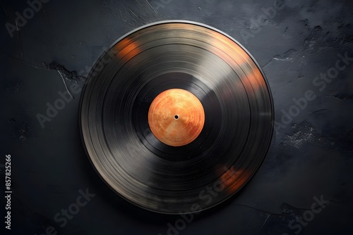 Black And Orange Retro Vinyl Record On A Solid Black Background. photo