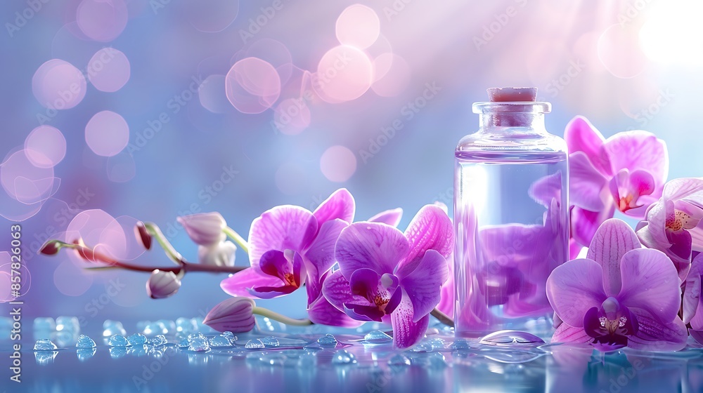 Medical bottle for eye drops orchid background Medical bottle for eye drops orchid background