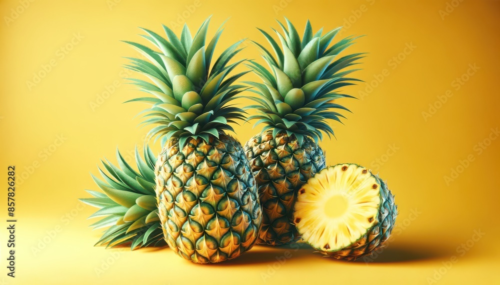 Fresh Pineapples Fruit with a yellow background, Generative AI Fresh Pineapples Fruit with a yellow background, Generative AI