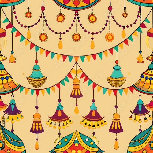 Seamless pattern of intricately designed torans (door hangings) adorned with bells, beads, and mirrors, Generative AI photo