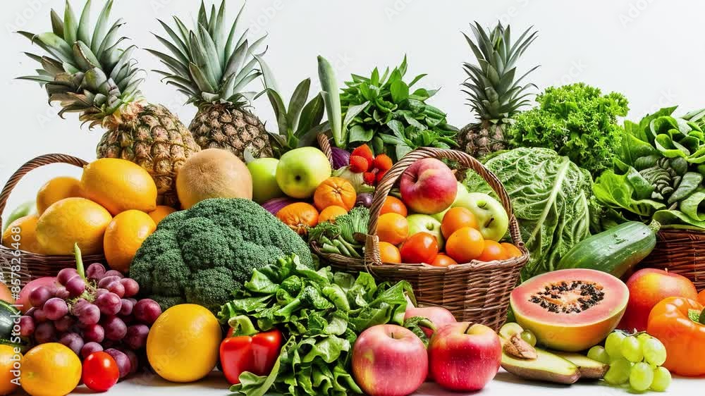Healthy food concept. Fruit and vegetable basket with various fresh fruits and vegetables. Colorful bunch of fresh vegetables and fruits. Proper nutrition. Healthy eating. Balanced food background. Healthy food concept. Fruit and vegetable basket with various fresh fruits and vegetables. Colorful bunch of fresh vegetables and fruits. Proper nutrition. Healthy eating. Balanced food background.