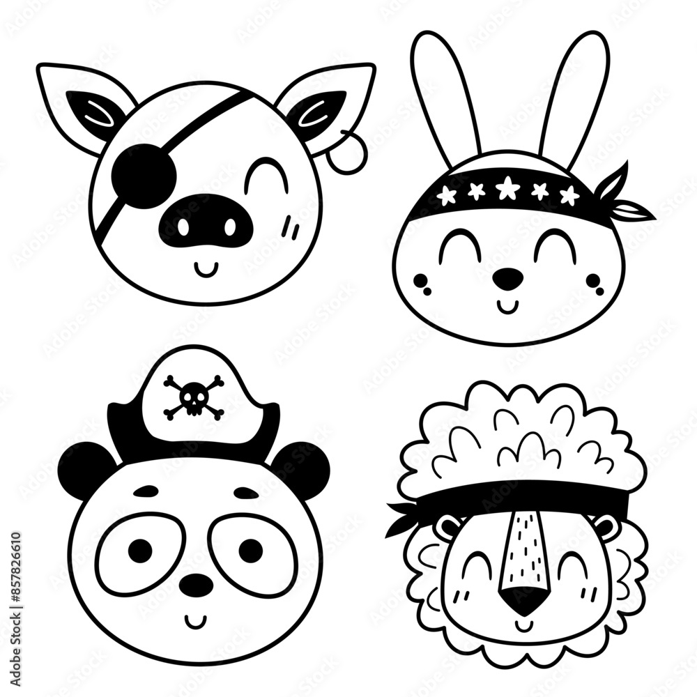 Obraz premium Black and white pirate clipart. Pirate animal faces clipart. Pirate animal head clip art in cartoon flat style. Hand drawn vector illustration.