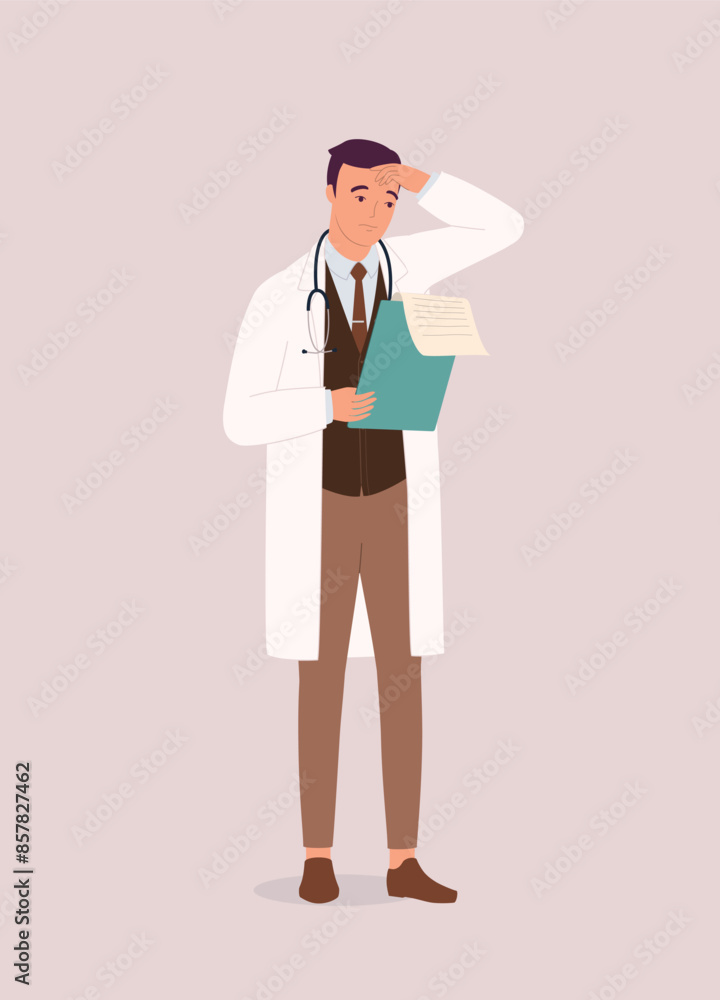 One Worried Male Doctor Looking At The Medical Report. Full Length. One Worried Male Doctor Looking At The Medical Report. Full Length.