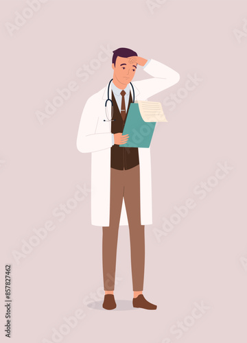 One Worried Male Doctor Looking At The Medical Report. Full Length.