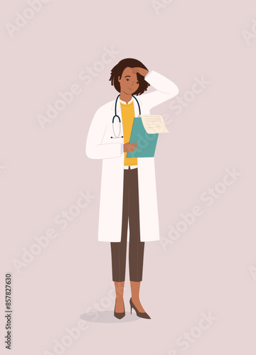 One Worried Black Female Doctor Looking At The Medical Report. Full Length.